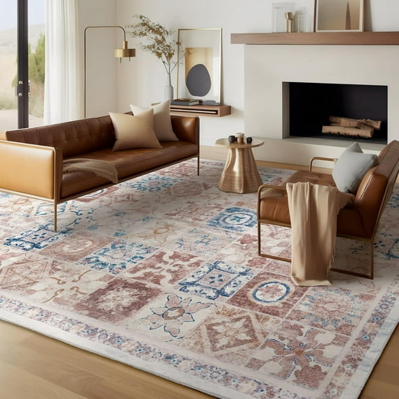 Area Vintage Boho Rugs for Living Room, Machine Washable Area Rugs with Non-Slip Backing, Indoor Rug Vintage Bohemian Area Rug Home Decor, Room Decor, 5 x 8 ft, Light Brown, 1 Pack
