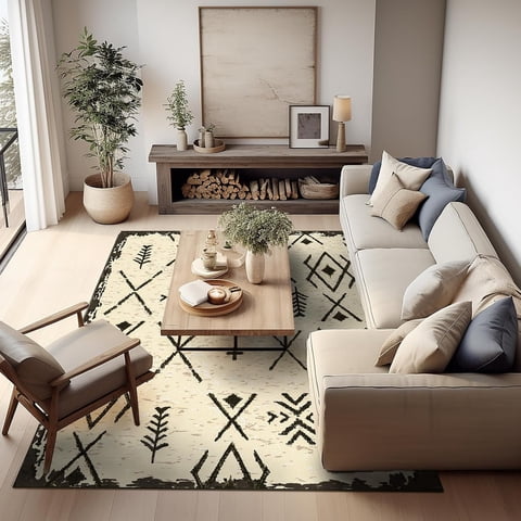 Phantoscope Airy Moroccan Boho Rug — Low-Pile Living Room Rug, 6' x 9', Natural Linen