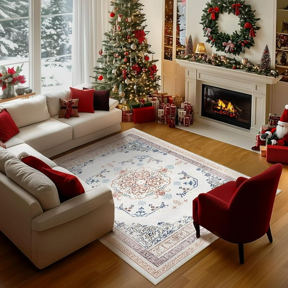 Area Vintage Boho Rugs for Living Room, Machine Washable Area Rugs with Non-Slip Backing, Indoor Rug Vintage Bohemian Area Rug Home Decor, Room Decor, 6 x 9 ft, Light Brown, 1 Pack