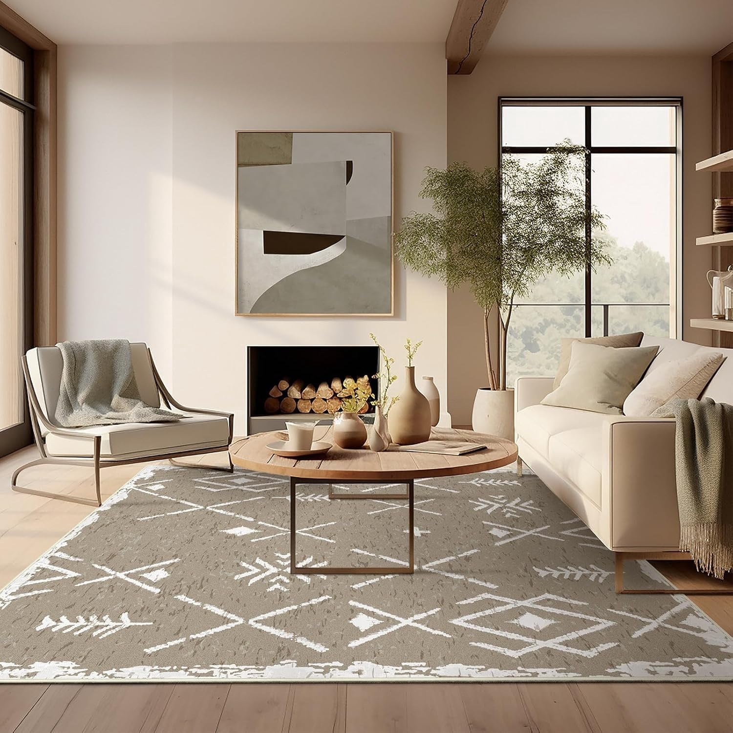 Phantoscope Earthy Moroccan Boho Rug — Low-Pile Living Room Rug, 6' x 9', Geometric Umber