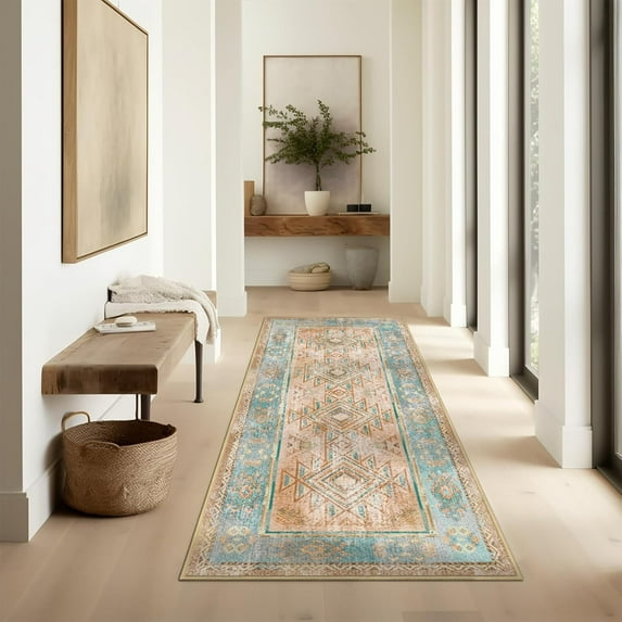 Area Vintage Boho Rugs for Living Room, Machine Washable Area Rugs with Non-Slip Backing, Indoor Rug Vintage Bohemian Area Rug Home Decor, Room Decor, 2 x 6 ft, Orange, 1 Pack