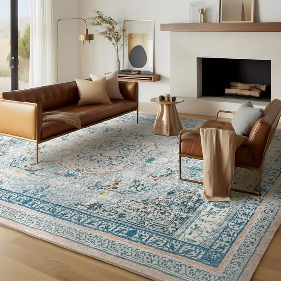 Area Vintage Boho Rugs for Living Room, Machine Washable Area Rugs with Non-Slip Backing, Indoor Rug Vintage Bohemian Area Rug Home Decor, Room Decor, 5 x 8 ft, Blue, 1 Pack