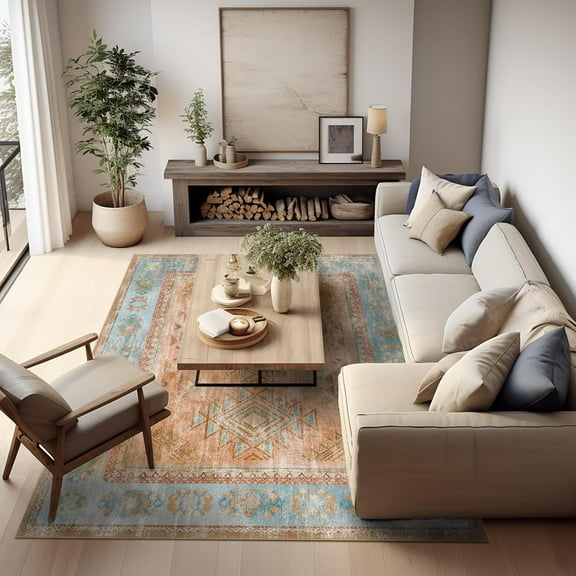 Area Vintage Boho Rugs for Living Room, Machine Washable Area Rugs with Non-Slip Backing, Indoor Rug Vintage Bohemian Area Rug Home Decor, Room Decor, 8 x 10 ft, Orange, 1 Pack