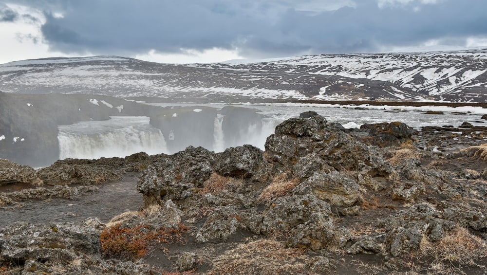 Area by Godafoss Waterfalls Iceland Canvas Art - Panoramic Images (36 x 12)