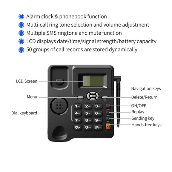 Arealer Cordless Phone Desktop Telephone Support GSM 850/900/1800/1900MHZ Dual SIM Card 2G Fixed Wireless Phone with Antenna Radio Alarm Clock Funtion for House Home Call Center Office Company Hotel