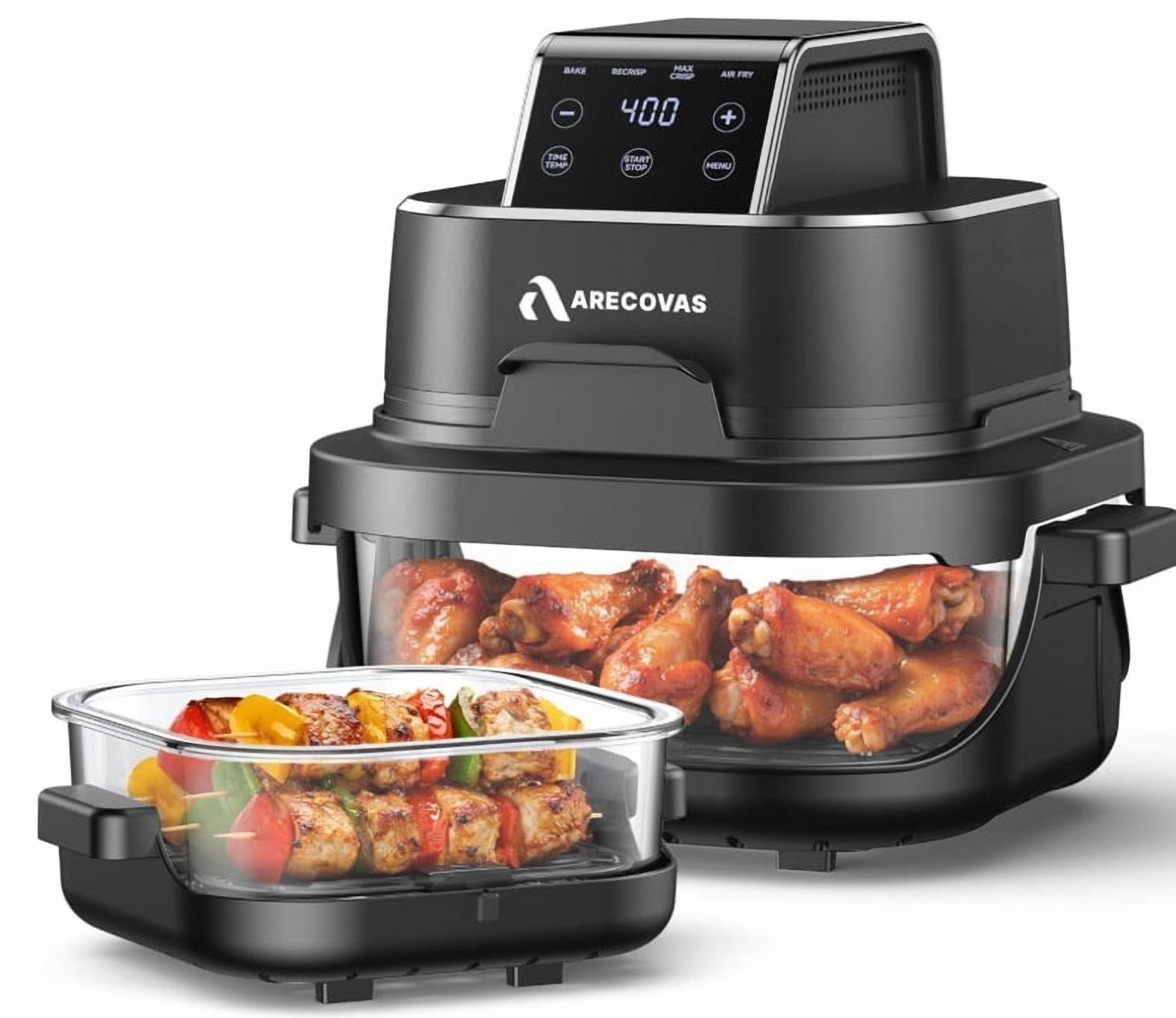 Arecovas 4-in-1 Portable Glass Air Fryer, 140–400°F Precise Heat, Max Crisp Technology, 4.2QT & 1.6QT Dual Capacity, Freezer & Dishwasher Safe, Bake, Recrisp, Air Fry