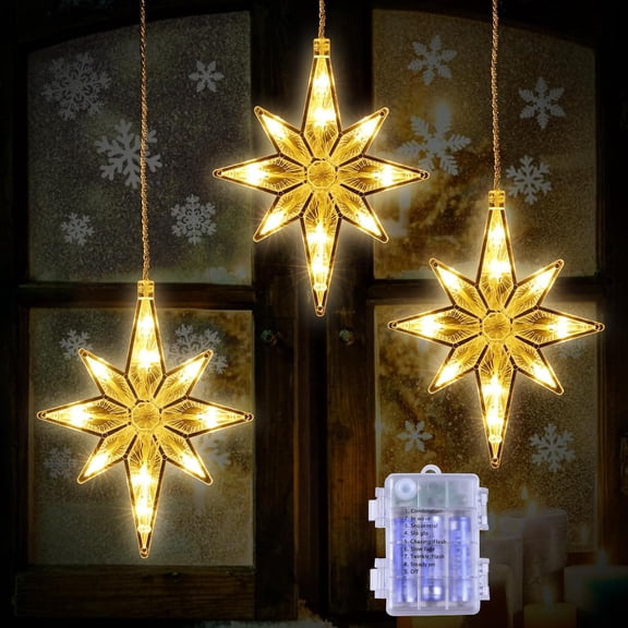 Areker 3 pack Bethlehem Star Christmas Window Lights,8 Lighting Modes with Memory Function,Battery Powered Star Lighted Ornaments for Xmas,Hanging Decor for Holiday,Window Display Home(Warm White)