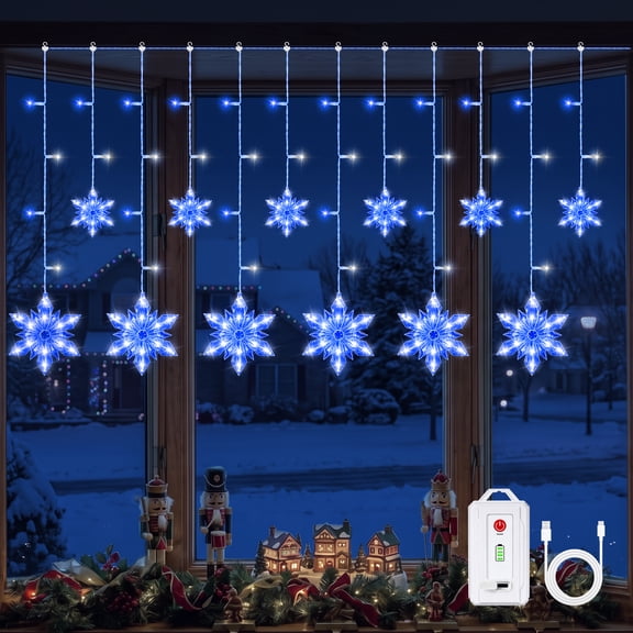 Areker Christmas Snowflake Curtain Lights,Battery Operated Rechargeable,12Pack Snowflake Window Decorative Lights with 8 Lighting Modes Timer Memory for Xmas Holiday Home Patio Wall Decor(Blue White)