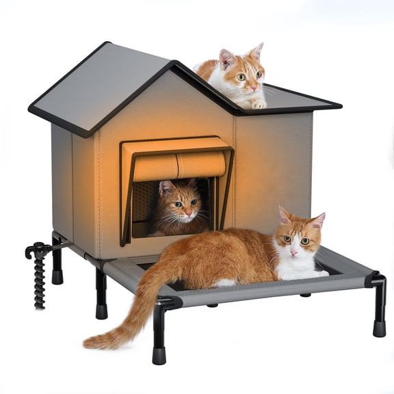 Areker Outdoor Cat House,Weatherproof Oxford Feral Cat Shelter with Terrace,Elevated Waterproof Outside Cat Bed with Escape Door,Warm Insulated Outdoor Cat House for Stray Cats,Gray(50*33*43cm)