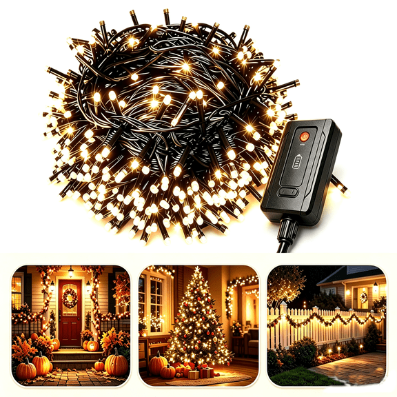 132ft Rechargeable Battery-Powered Christmas Lights,Areker 300 LED Beads Light Strings with Timer&Memory,8 Modes Waterproof Christmas Tree Lights for Christmas Tree Wedding Party(Warm White)