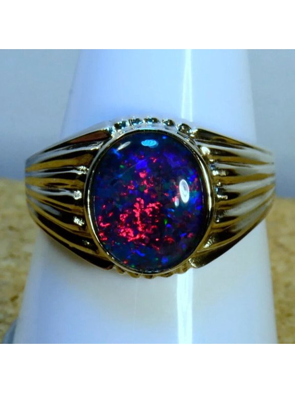 Handmade Men Ring, Black Fire Opal Gemstone, 7.25 Ct, 14k Yellow Gold, Size 10