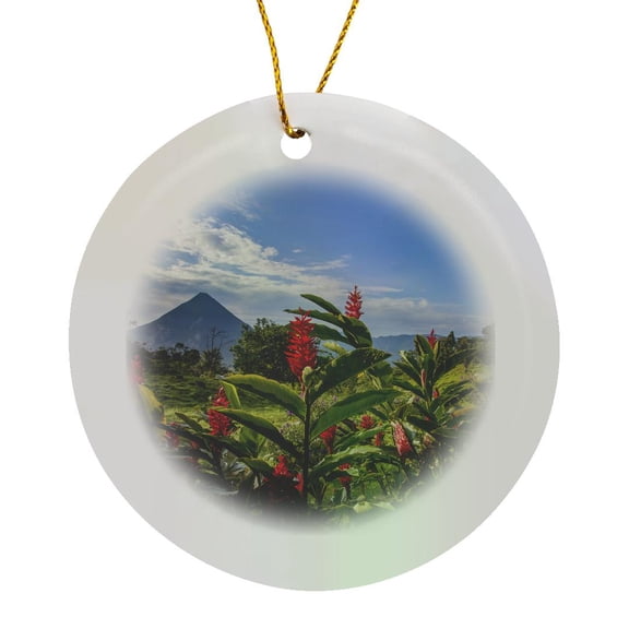 3drose, Arenal Volcano in Costa Rica with Tropical Flowers., Circle Porcelain Ornament
