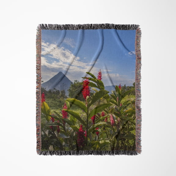 Arenal Volcano In Costa Rica With Tropical Flowers., Woven Blanket