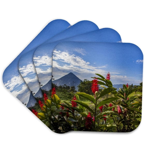 3drose, Arenal Volcano in Costa Rica with Tropical Flowers., Set of 4 Coasters - Soft