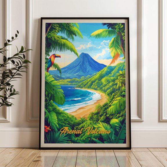 Arenal Volcano Travel Print, Costa Rica Art Print, Toucan Illustration, Unframed Paper Poster 8x10in