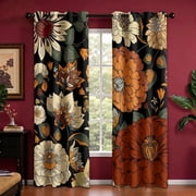 Arenarug Black Boho Floral Grommet Blackout Curtains,Thermal Insulated Vintage Botanical Window Panels for Bedroom,2 Panels 52"x63"