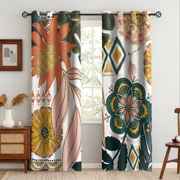 Arenarug White Boho Floral Grommet Blackout Curtains,Thermal Insulated Mid Century Window Panels for Bedroom,2 Panels 52"x84"