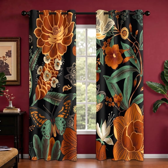 Arenarug Black Boho Floral Grommet Blackout Curtains,Thermal Insulated Vintage Botanical Window Panels for Bedroom,2 Panels 52"x96"