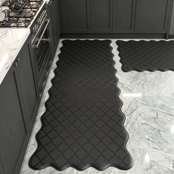 Arenarug 2-Pack Scalloped Embossed Anti-Fatigue Kitchen Mats, Waterproof Cushioned Non-Slip for Kitchen Laundry, Black