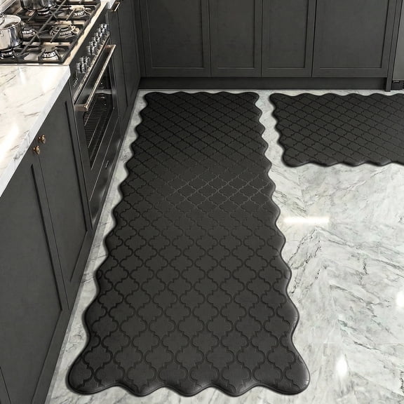 Arenarug 2-Pack Scalloped Embossed Black Kitchen Mats, Cushioned Waterproof Non-Slip Anti-Fatigue Mats for Kitchen,Laundry