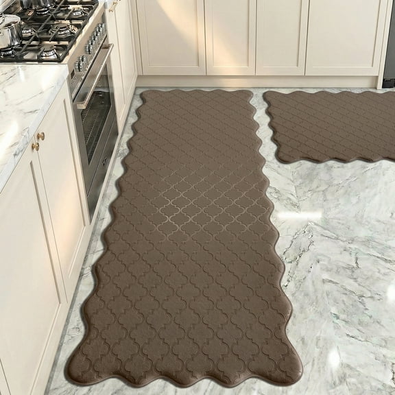 Arenarug 2-Pack Scalloped Embossed Anti-Fatigue Kitchen Mats, Waterproof Cushioned Non-Slip for Kitchen Laundry, Brown