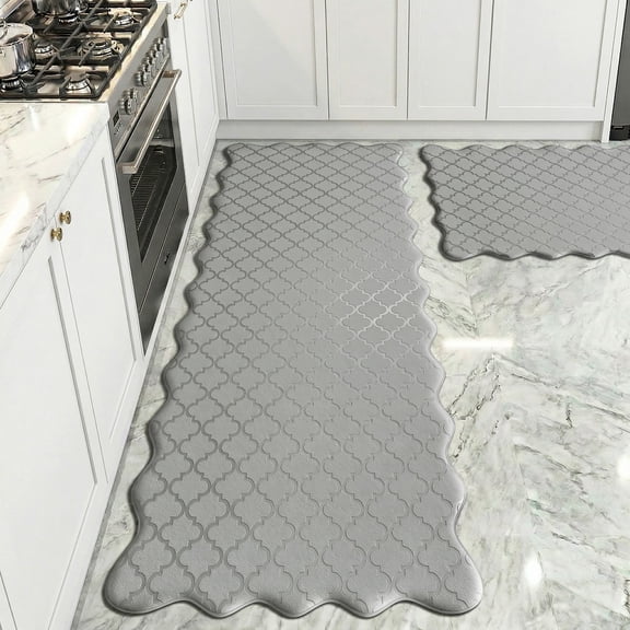 Arenarug 2-Pack Scalloped Embossed Kitchen Mats, Cushioned Anti-Fatigue Waterproof Non-Slip Comfort Standing Rugs for Kitchen, Laundry, Gray
