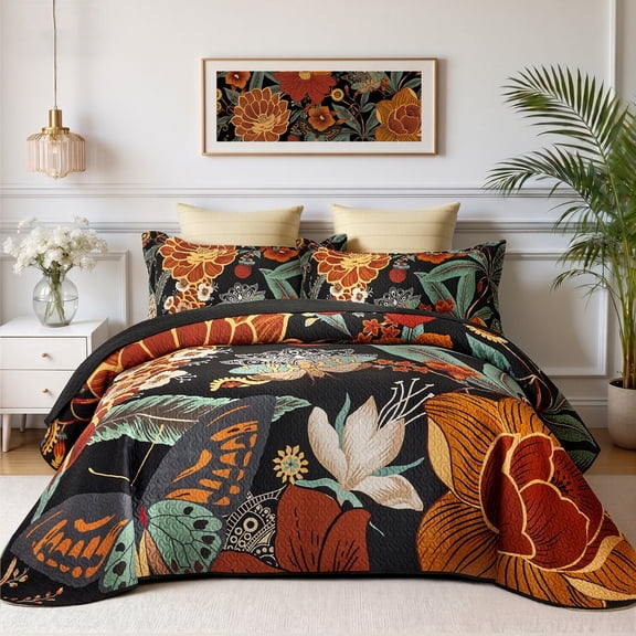 Arenarug 3-Piece King Boho Floral Quilt Set, Reversible Botanical Lightweight Coverlet, 106"x96" All Season Microfiber Bedding with 2 Shams