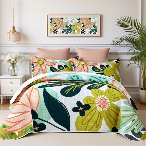 Arenarug 3-Piece King Boho Floral Quilt Set, Reversible Botanical Lightweight Coverlet, 106"x96" All Season Microfiber Bedding with 2 Shams