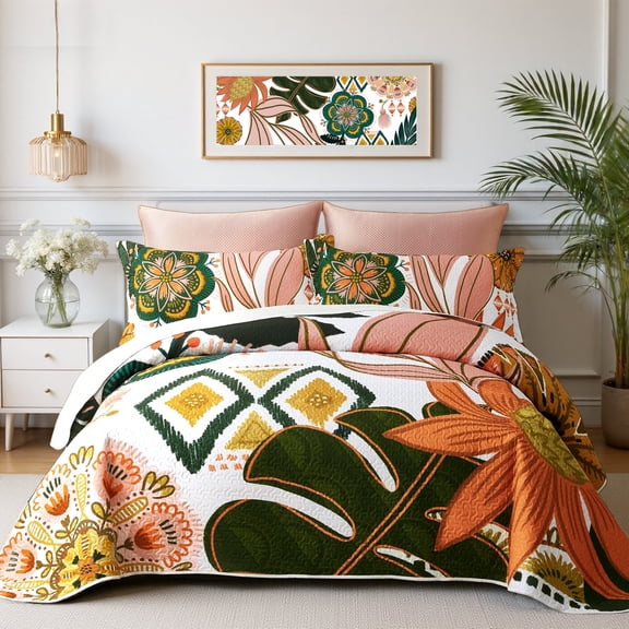 Arenarug 3-Piece King Boho Floral Quilt Set, Reversible Botanical Lightweight Coverlet, 106"x96" All Season Microfiber Bedding with 2 Shams