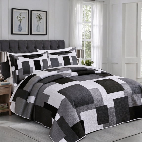 Arenarug 3-Piece Modern Geometric Patchwork Queen Quilt Set, Lightweight Microfiber Reversible with 2 Pillow Shams, Black Grey, 90"x96"