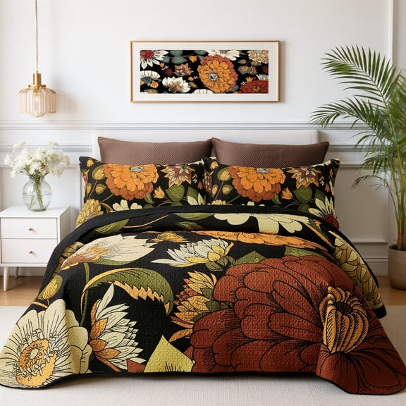 Arenarug 3-Piece Queen Boho Floral Quilt Set, Reversible Botanical Lightweight Coverlet, 90"x96" All Season Microfiber Bedding with 2 Shams
