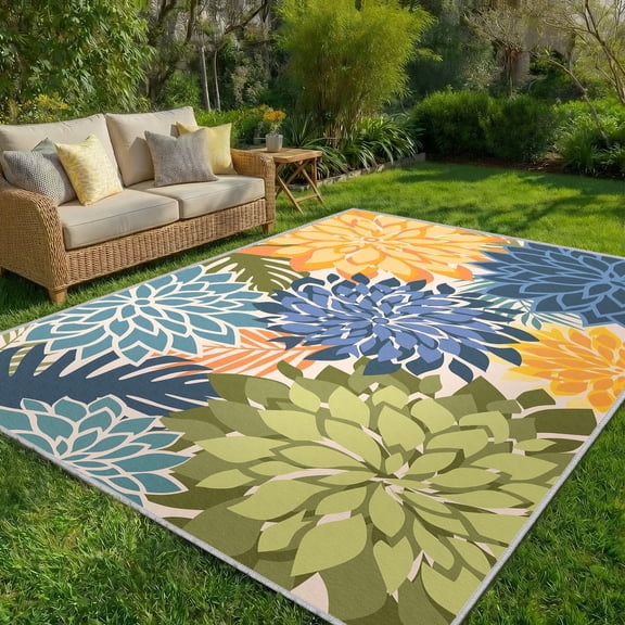 Arenarug 8'x10' Tropical Floral Outdoor Rug, Washable Waterproof Chenille Carpet for Patio Deck Porch Living Room, Rainbow