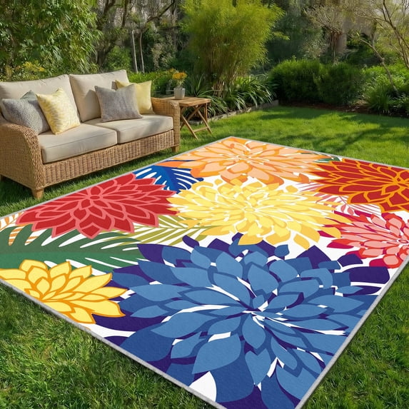 Arenarug 8'x10' Chenille Outdoor Area Rug, Waterproof Washable Rainbow Tropical Floral Rug for Patio Deck Porch Backyard Living Room