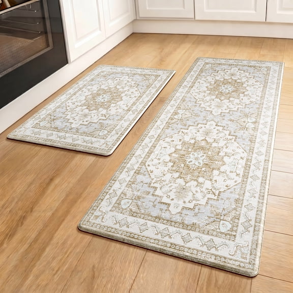 Arenarug Boho Anti-Fatigue Kitchen Mat Set of 2, Non-Slip Waterproof Pvc Cushioned Standing Floor Mats for Sink Laundry, Beige Tan,17.3"x47"+17.3"x28"