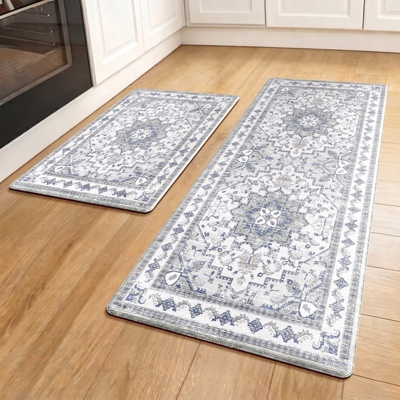 Arenarug Boho Cushioned Anti-Fatigue Kitchen Mats for Floor Set of 2, Waterproof Non-Slip Pvc Blue Grey 17.3"x47" 17.3"x28"