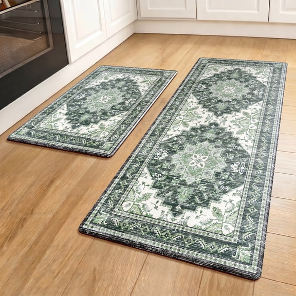 Arenarug Boho Anti-Fatigue Kitchen Mat Set of 2, Non-Slip Waterproof Pvc Cushioned Standing Floor Mats for Sink Laundry, Green,17.3"x47"+17.3"x28"