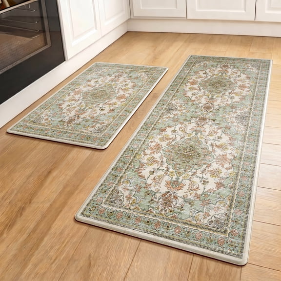 Arenarug 2-Piece Boho Anti-Fatigue Kitchen Mats, Non-Slip Waterproof Pvc Cushioned Rugs for Sink Laundry, Green Orange Beige, 17.3"x47"+17.3"x28"