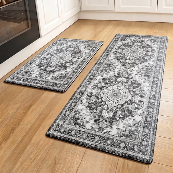Arenarug 2-Piece Boho Anti-Fatigue Kitchen Mats, Non-Slip Waterproof Pvc Cushioned Rugs for Sink Laundry,Grey, 17.3"x47"+17.3"x28"