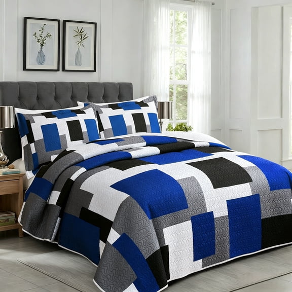 Arenarug 3-Piece Modern Geometric Patchwork Queen Quilt Set, Lightweight Microfiber Reversible with 2 Pillow Shams, Blue White Grey, 90"x96"