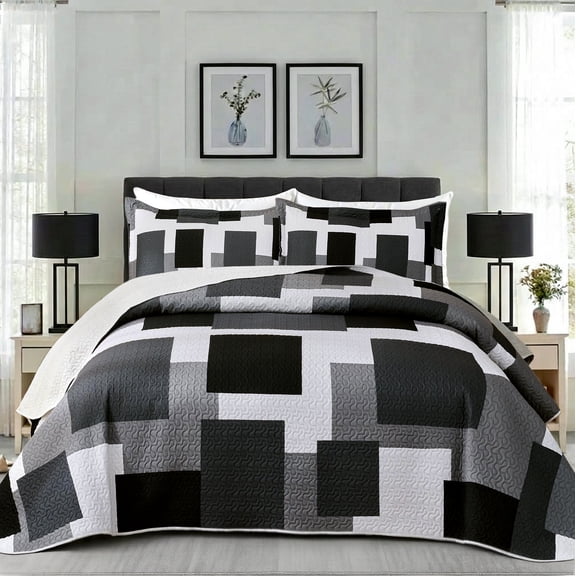 Arenarug 3-Piece Modern Geometric Patchwork Queen Quilt Set, Lightweight Microfiber Reversible with 2 Pillow Shams, Black Grey, 90"x96"