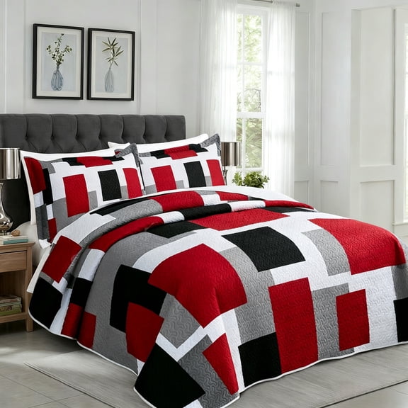 Arenarug 3-Piece Modern Geometric Patchwork Queen Quilt Set, Lightweight Microfiber Reversible with 2 Pillow Shams, Red Black Grey, 90"x96"