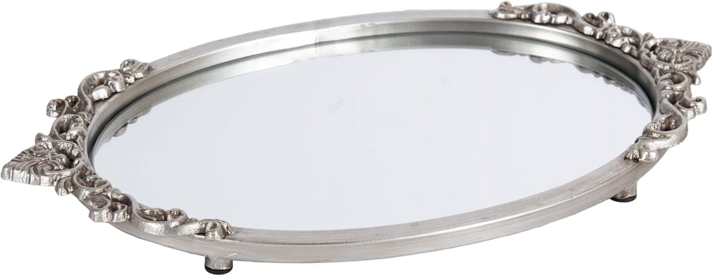 Antique Silver Oval Mirrored Decorative Tray with Ornate Detailing