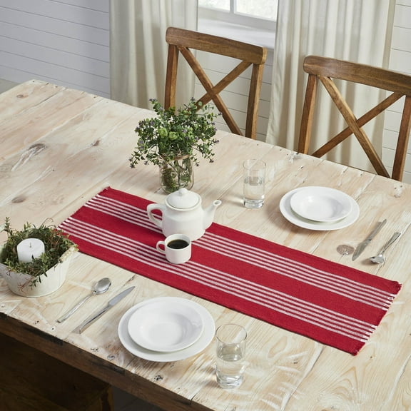 VHC Brands Farmhouse Table Decor Arendal Red Stripe Runner Fringed Christmas Decorations - 12x36 inches