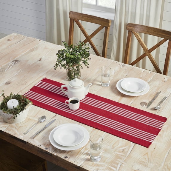 VHC Brands Farmhouse Table Decor Arendal Red Stripe Runner Fringed Christmas Decorations - 12x36 inches