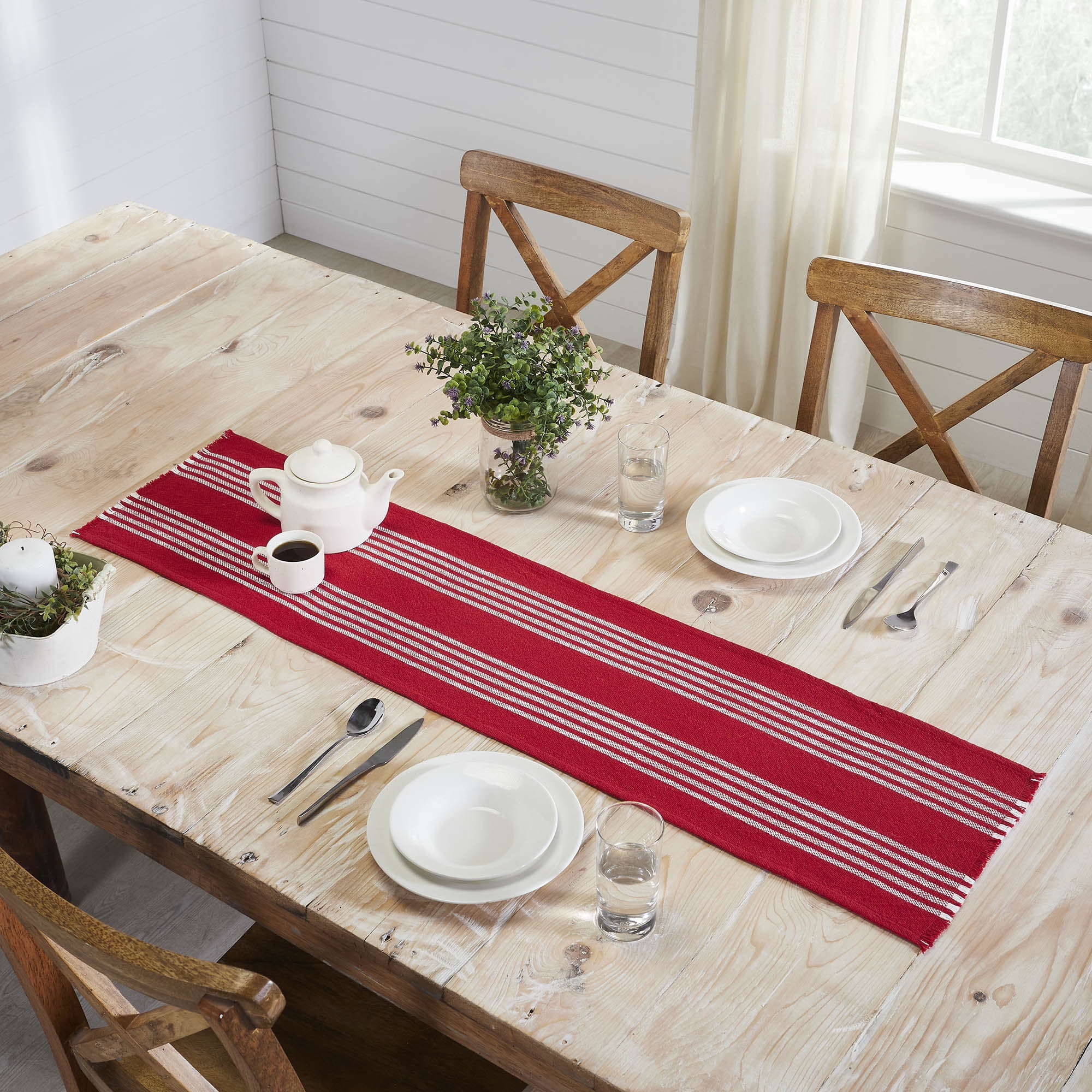 VHC Brands Farmhouse Table Decor Arendal Red Stripe Runner Fringed Christmas Decor- 12x48 inches