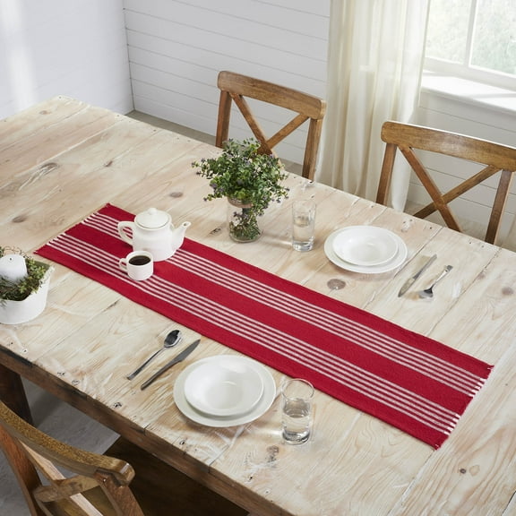 VHC Brands Farmhouse Table Decor Arendal Red Stripe Runner Fringed Christmas Decor- 12x48 inches