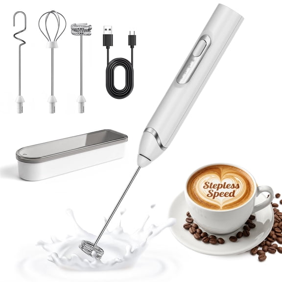 Arenviy Milk Frother, Rechargeable Handheld Milk Frother Wand, 3 Whisks 3 Speeds Electric Whisk with Storage Box, Drink Mixer with Stainless Steel Whisk for Coffee, Latte, Cappuccino, Hot Chocolate