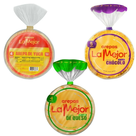 Arepas La Mejor Variety Pack - Chcolo, Queso & Yuca | Authentic Colombian Sweet Corn & Cheese Arepas | Yuca Arepa (Cassava) Gluten-Free & Delicious, 3-Pack