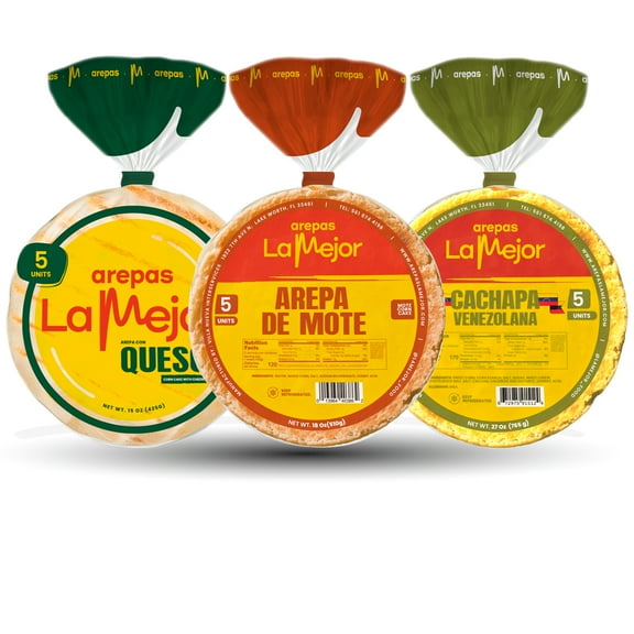 Arepas La Mejor Variety Pack  Mote, Con Queso & Venezuelan Cachapa | Authentic Colombian & Venezuelan Arepas | Corn & Cheese Delights, 3-Pack