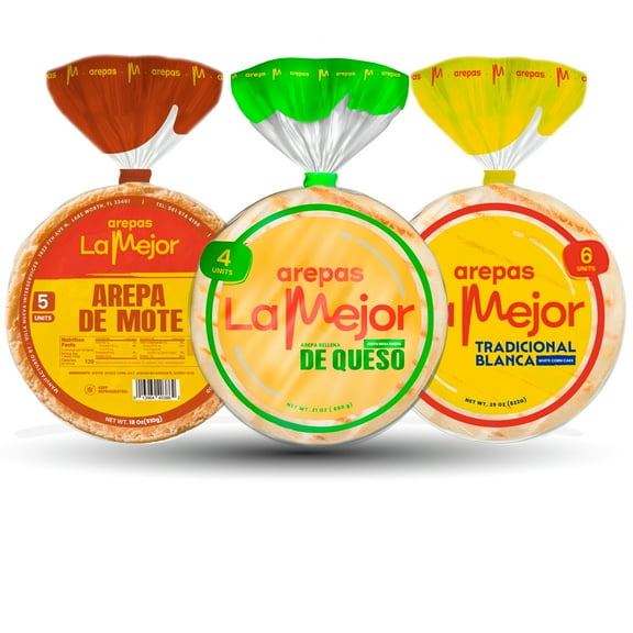 Arepas La Mejor Variety Pack  Tradicional Blanca, Mote & Rellena de Queso | Authentic Colombian & Venezuelan Arepas | Corn & Cheese Delights, 3-Pack